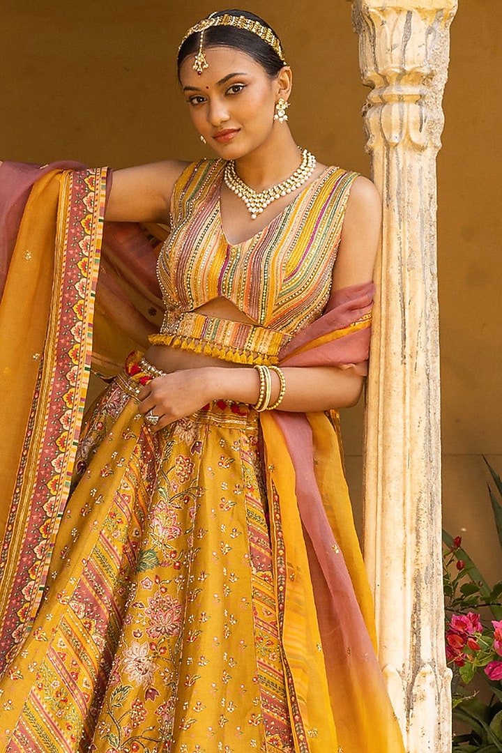 Mustard Yellow Dupion Silk Printed & Embroidered Wedding Lehenga Set by Sandhya Shah at Pernia's Pop Up Shop