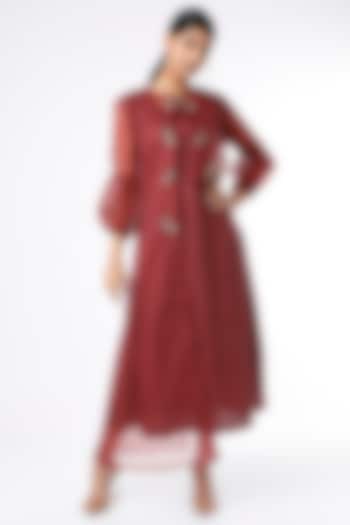 Cherry Red Embellished Dress With Jacket by Sandhya Shah