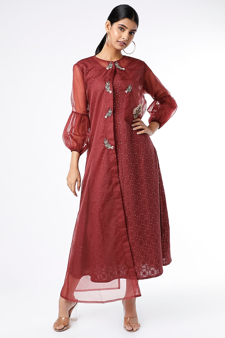 Cherry Red Embellished Dress With Jacket by Sandhya Shah