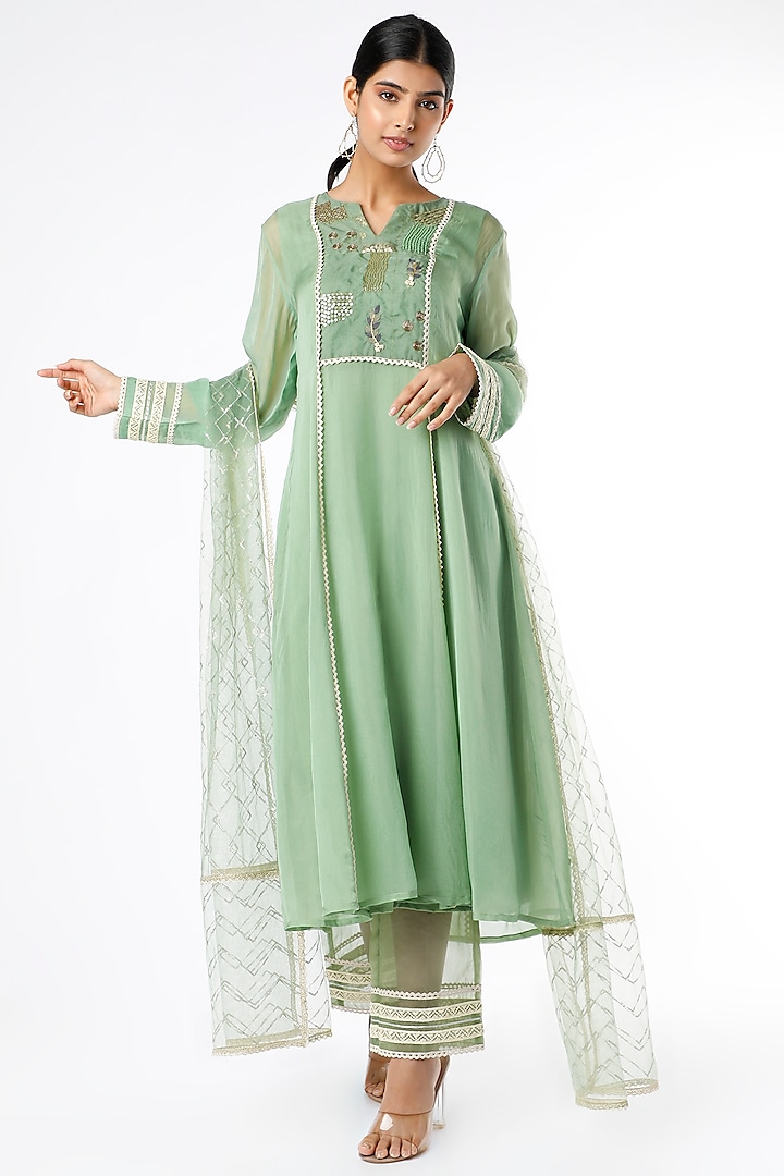 Pista Green Embellished Kurta Set by Sandhya Shah