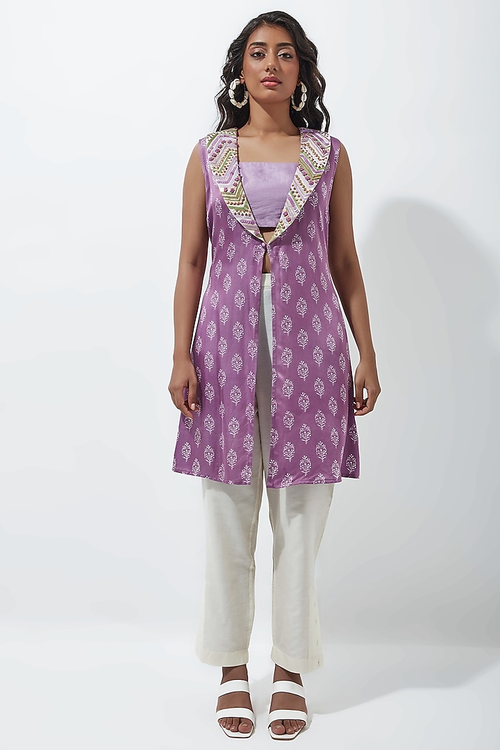 Lavender Embroidered Jacket Set by Sandhya Shah