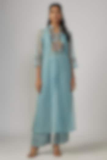 Blue Organza Embroidered Long Sheer Kurta Set by Sandhya Shah at Pernia's Pop Up Shop