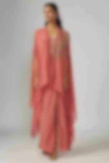 Coral Wrinkle Chinon Embroidered Flowy Draped Cape Set by Sandhya Shah at Pernia's Pop Up Shop