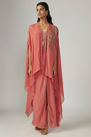 Coral Wrinkle Chinon Embroidered Flowy Draped Cape Set by Sandhya Shah
