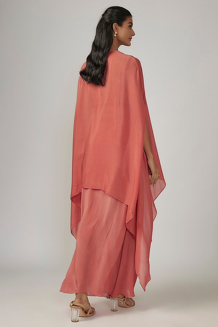Coral Wrinkle Chinon Embroidered Flowy Draped Cape Set by Sandhya Shah at Pernia's Pop Up Shop