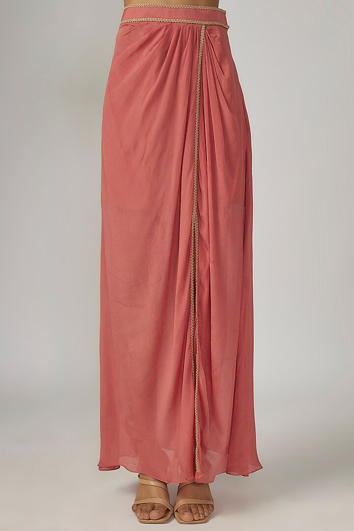 Coral Wrinkle Chinon Embroidered Flowy Draped Cape Set by Sandhya Shah at Pernia's Pop Up Shop