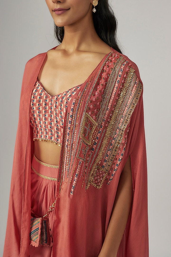 Coral Wrinkle Chinon Embroidered Flowy Draped Cape Set by Sandhya Shah at Pernia's Pop Up Shop