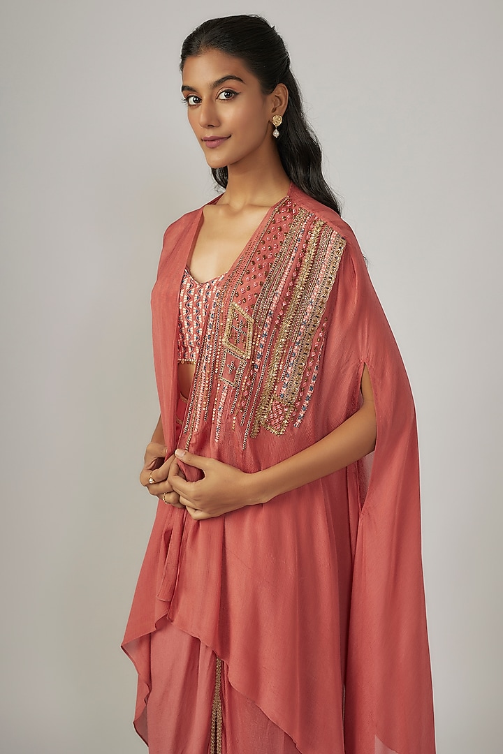 Coral Wrinkle Chinon Embroidered Flowy Draped Cape Set by Sandhya Shah at Pernia's Pop Up Shop