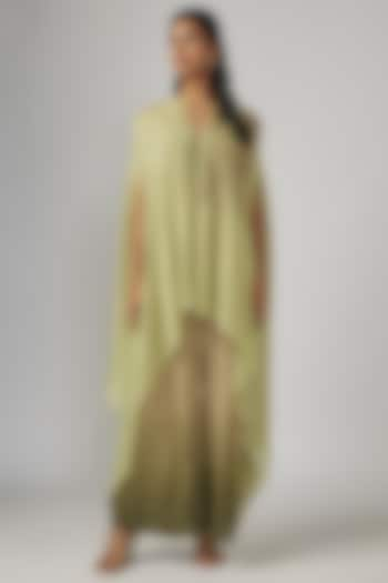 Green Wrinkle Chinon Embroidered Sheer Cape Set by Sandhya Shah at Pernia's Pop Up Shop