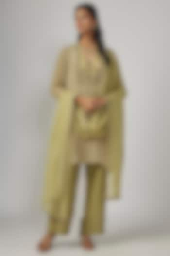 Olive Green Crepe Mirror Work & Embroidered Kurta Set by Sandhya Shah at Pernia's Pop Up Shop