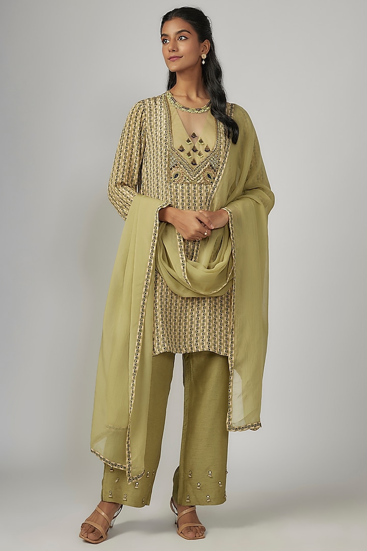 Olive Green Crepe Mirror Work & Embroidered Kurta Set by Sandhya Shah at Pernia's Pop Up Shop