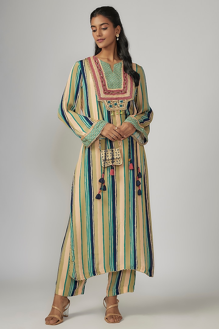 Multi-Colored Crepe Zardosi Embroidered & Stripe Printed Kurta Set by Sandhya Shah at Pernia's Pop Up Shop