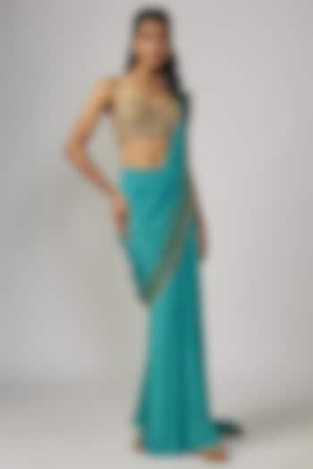 Blue Crepe Bead Embroidered & Printed Pre-Draped Saree Set by Sandhya Shah at Pernia's Pop Up Shop