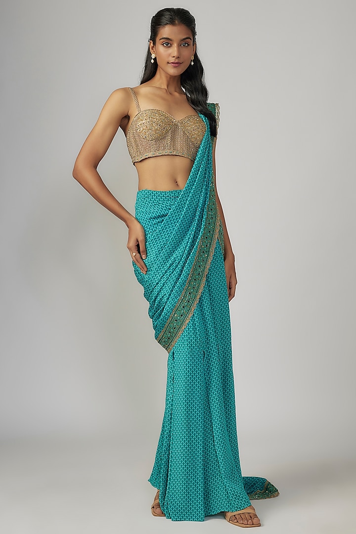 Blue Crepe Bead Embroidered & Printed Pre-Draped Saree Set by Sandhya Shah at Pernia's Pop Up Shop