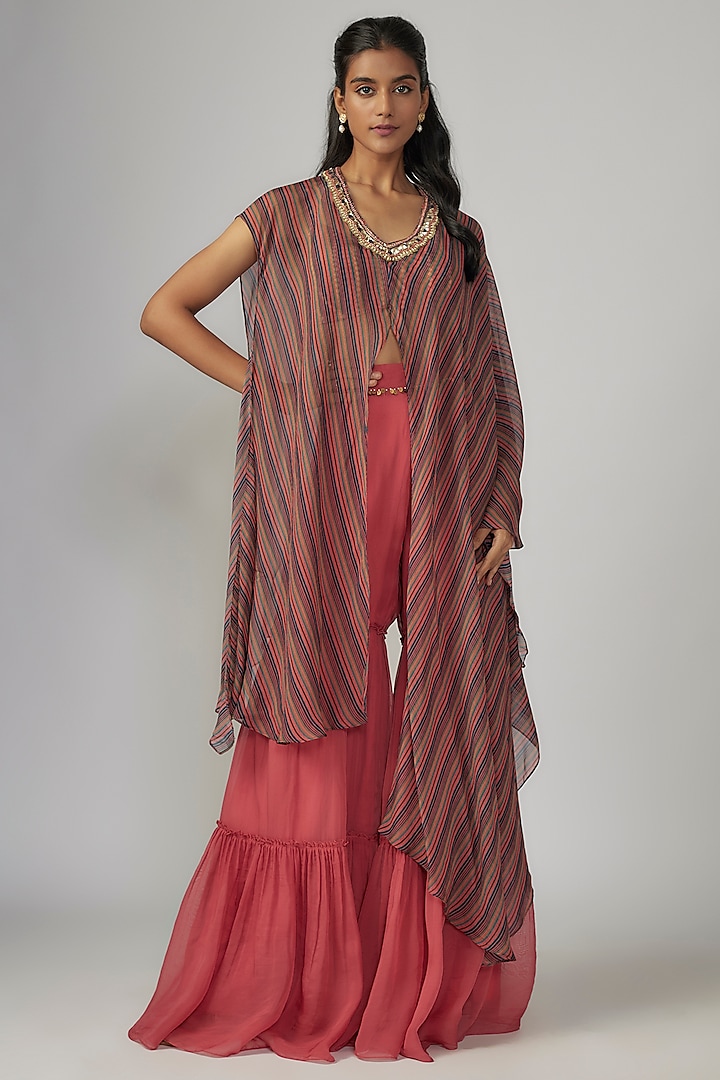 Multi-Colored Organza Stripe Printed & Embroidered Cape Set by Sandhya Shah at Pernia's Pop Up Shop