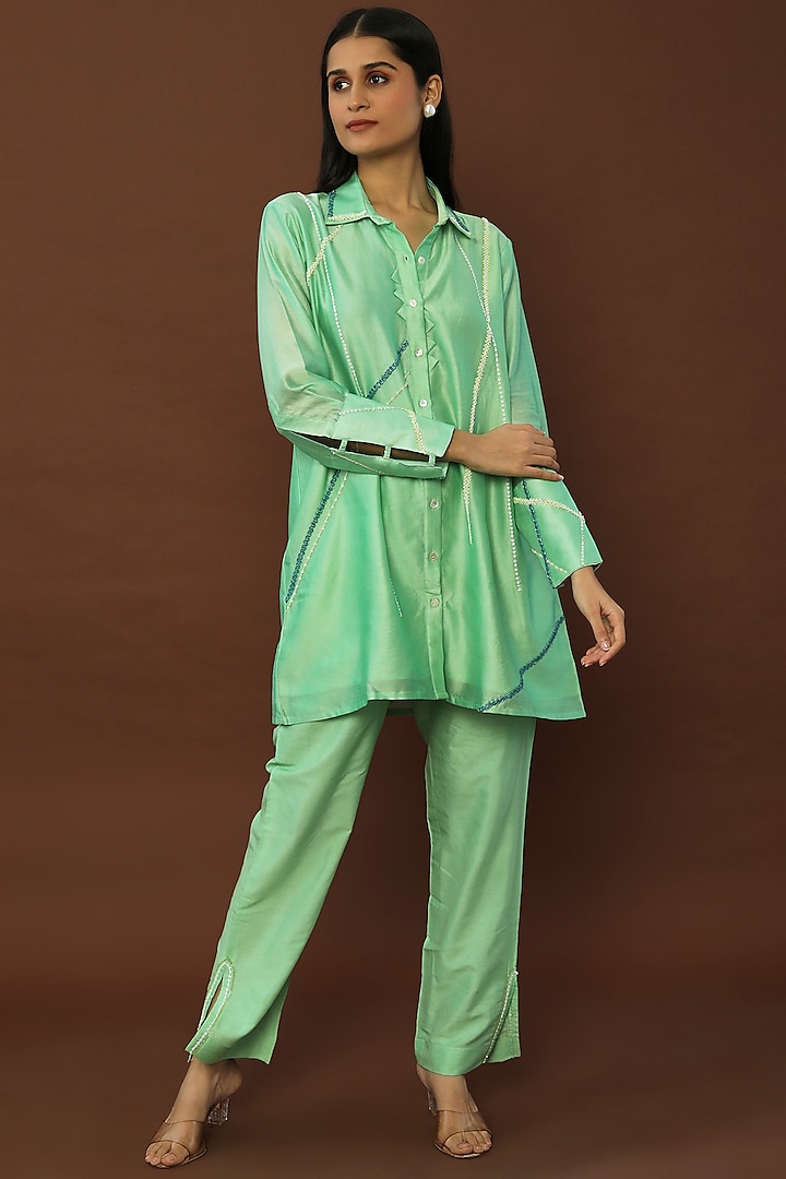 Mint Green Hand Embroidered Pant Set by Sandhya Shah