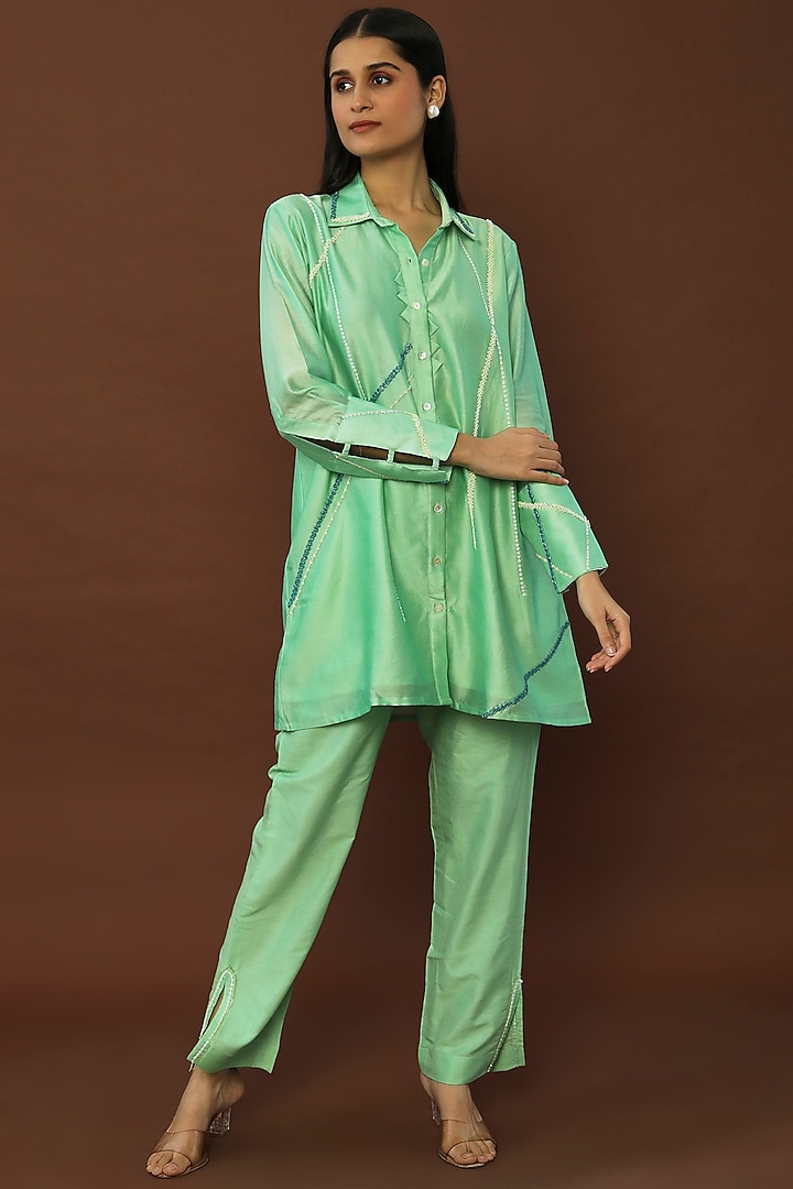 Mint Green Hand Embroidered Pant Set by Sandhya Shah at Pernia's Pop Up Shop