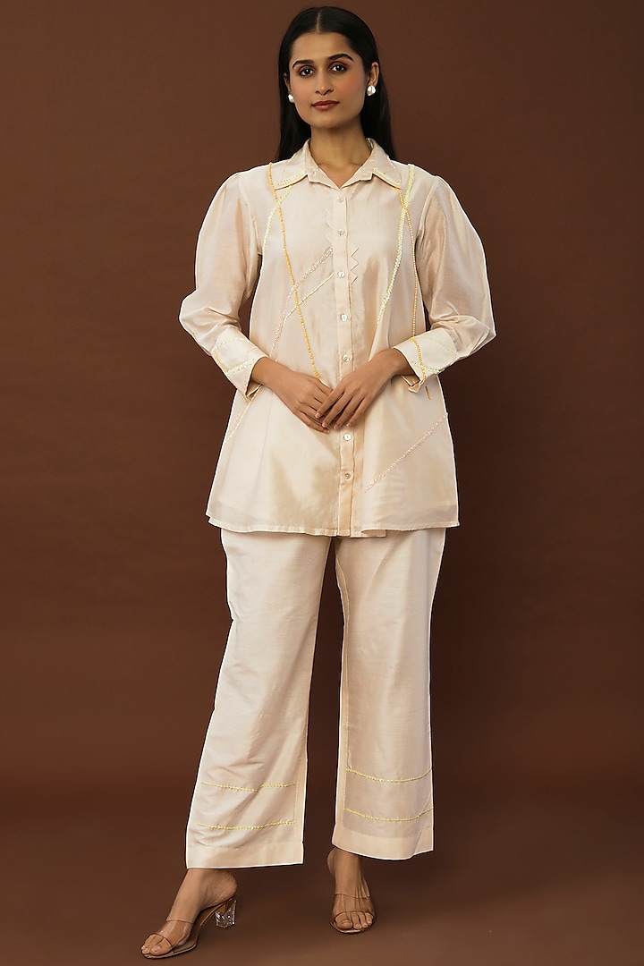 Off-White Hand Embroidered Pant Set by Sandhya Shah