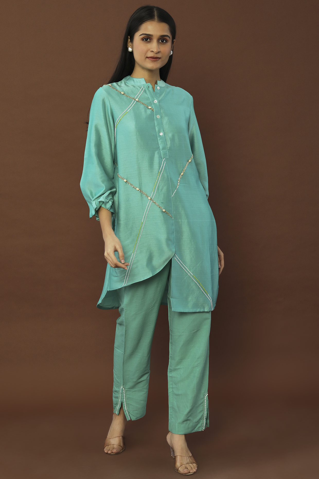 Teal Embroidered Pant Set by Sandhya Shah at Pernia's Pop Up Shop