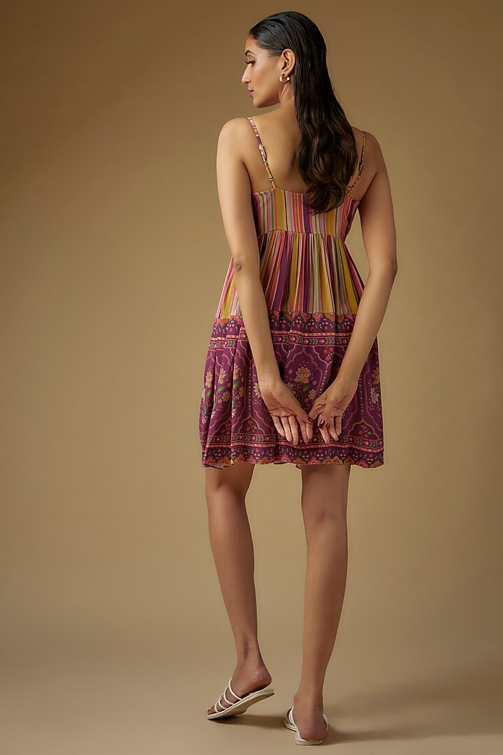 Wine Double Georgette Stripes Printed Spaghetti Mini Summer Dress by Sandhya Shah at Pernia's Pop Up Shop