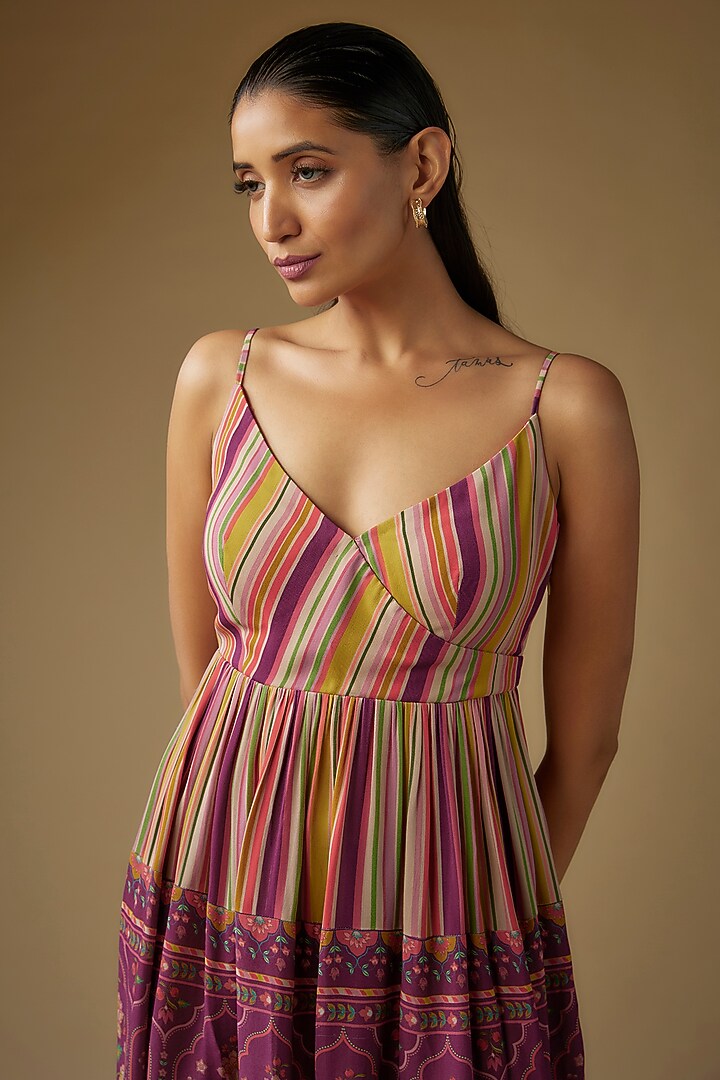 Wine Double Georgette Stripes Printed Spaghetti Mini Summer Dress by Sandhya Shah at Pernia's Pop Up Shop