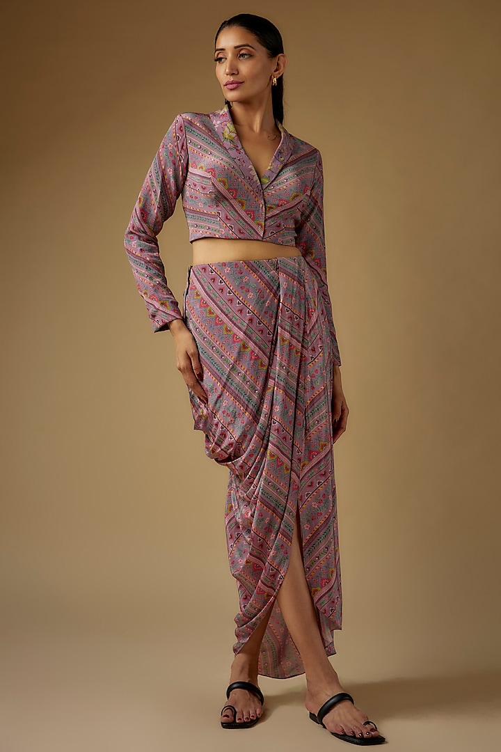 Lavender Crepe Stripes Printed Draped Skirt Set by Sandhya Shah