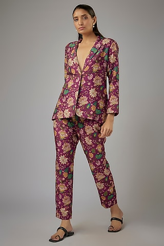 Wine Nokia Fabric Floral Printed Blazer Set by Sandhya Shah
