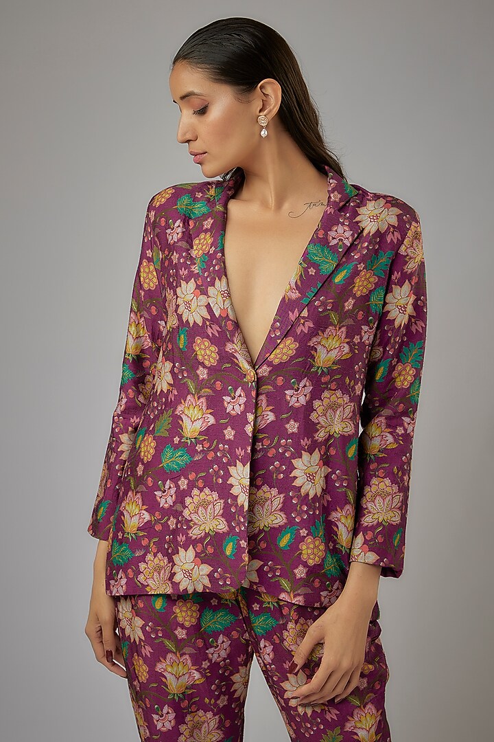 Wine Nokia Fabric Floral Printed Blazer Set by Sandhya Shah at Pernia's Pop Up Shop