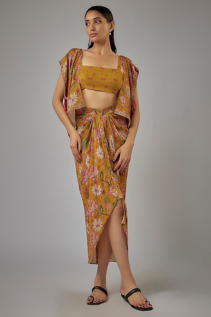 Mustard Double Georgette Floral Printed Skirt Set by Sandhya Shah
