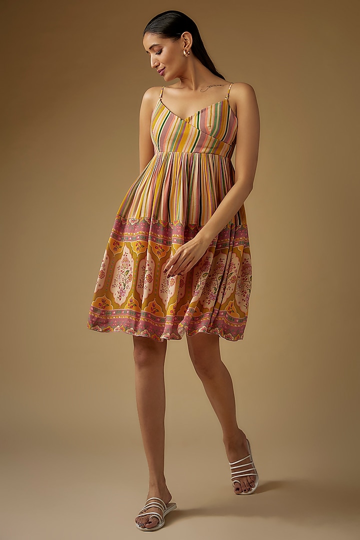 Yellow Double Georgette Stripes Printed Spaghetti Mini Dress by Sandhya Shah