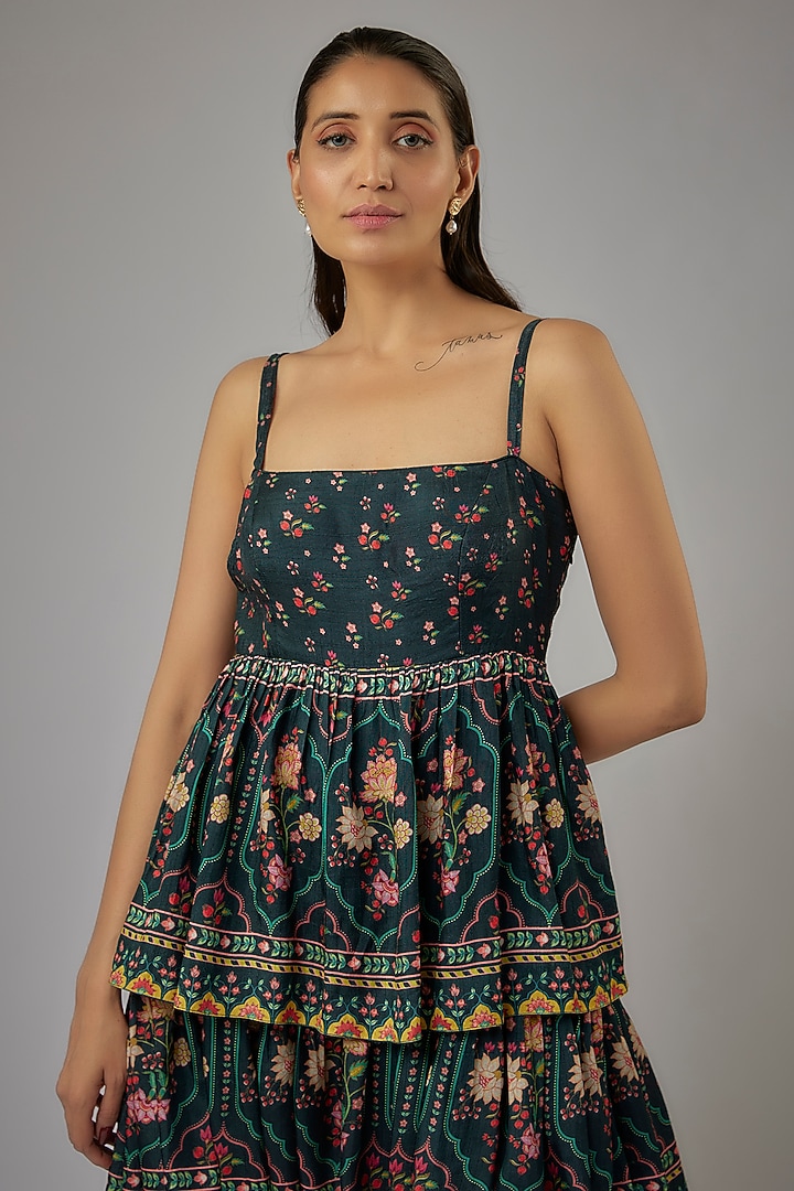 Dark Green Nokia Fabric Printed Mini Summer Dress by Sandhya Shah at Pernia's Pop Up Shop