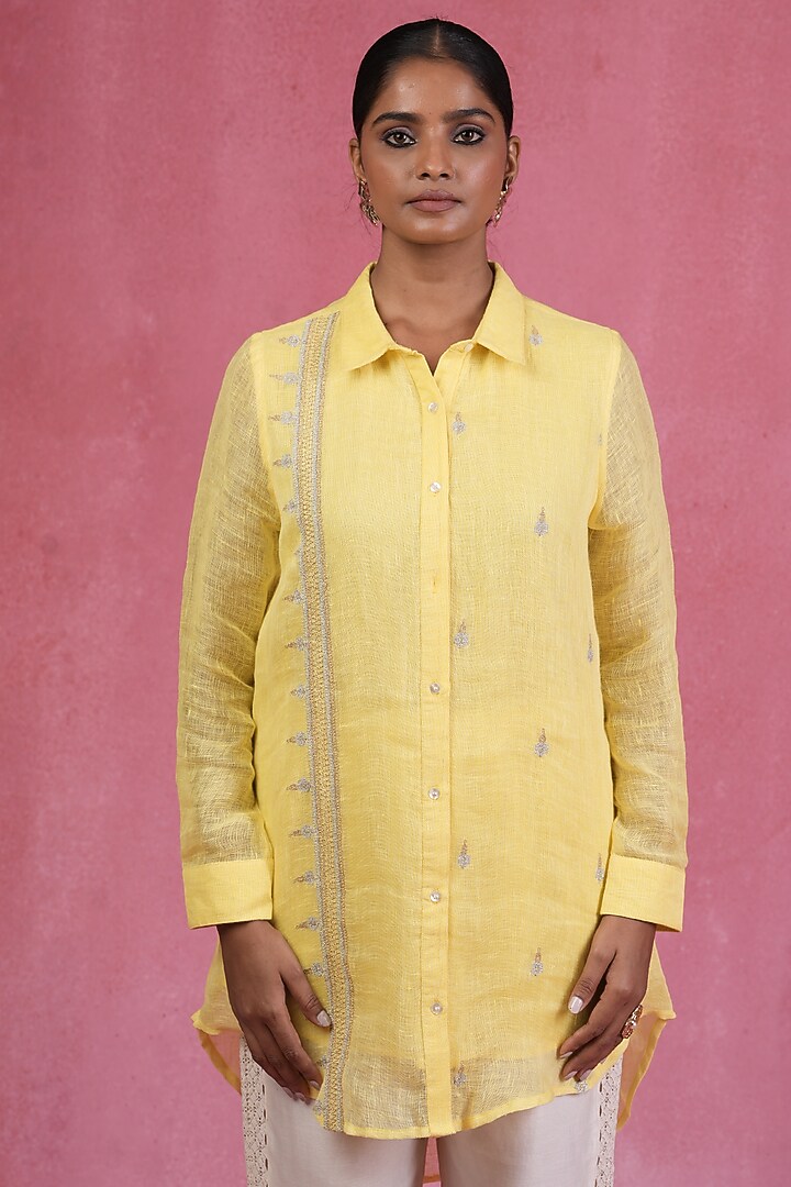 Yellow Linen Zari Embroidered Shirt by Sandhya Shah at Pernia's Pop Up Shop