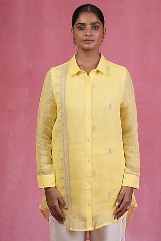 Yellow Linen Zari Embroidered Shirt by Sandhya Shah