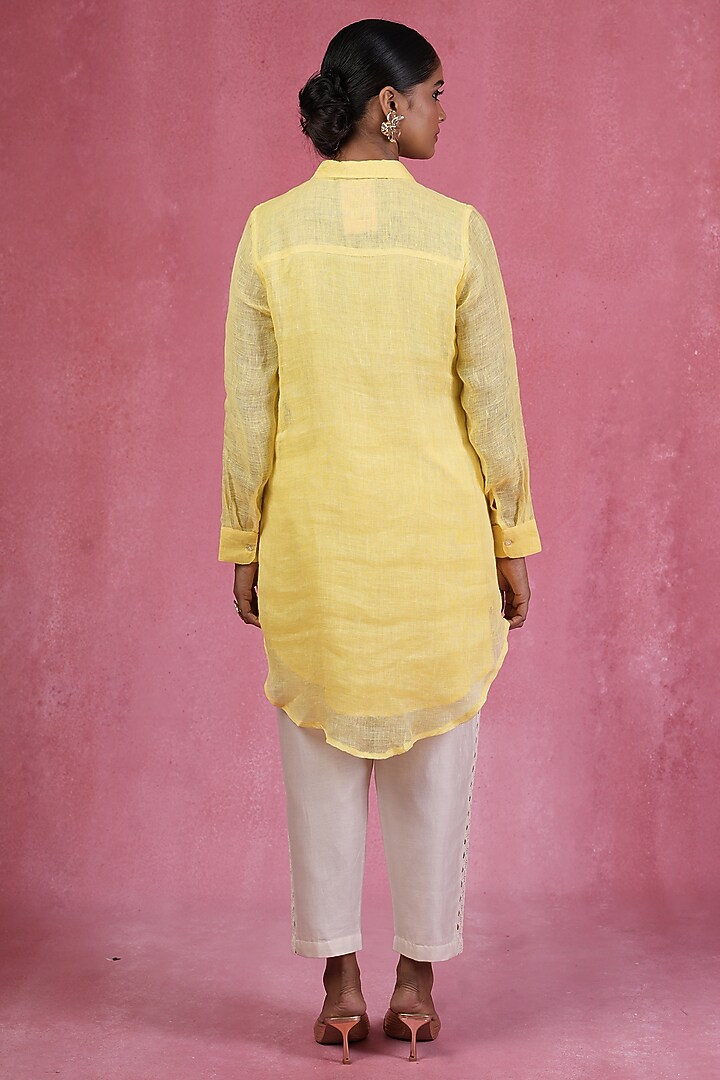 Yellow Linen Zari Embroidered Shirt by Sandhya Shah at Pernia's Pop Up Shop