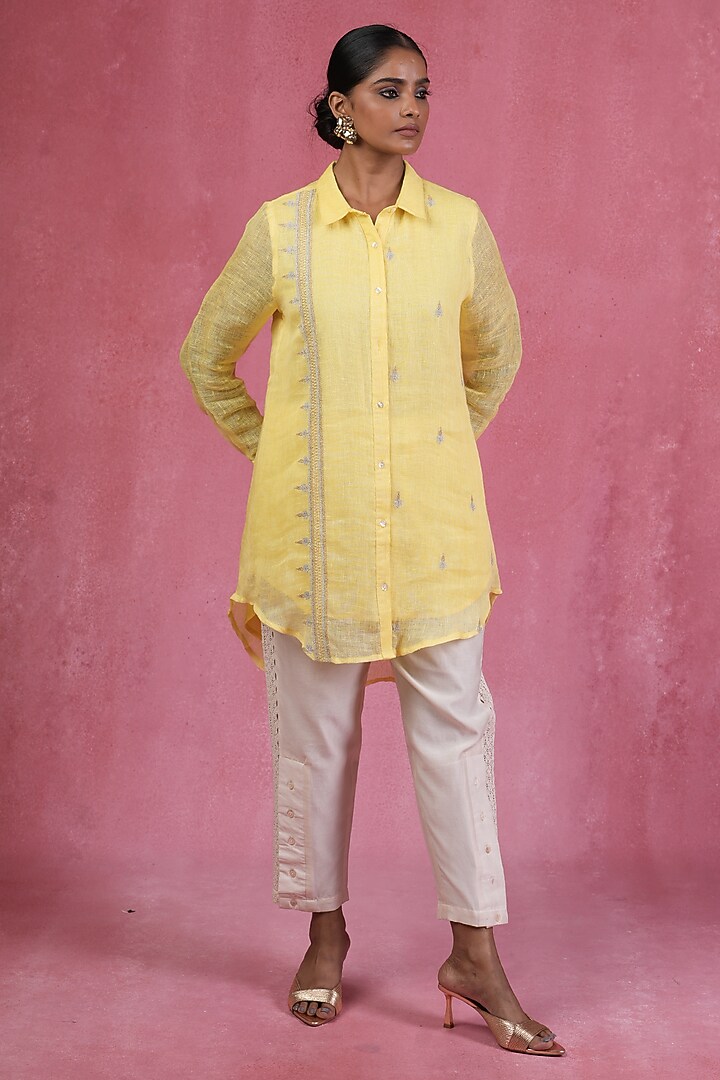 Yellow Linen Zari Embroidered Shirt by Sandhya Shah at Pernia's Pop Up Shop