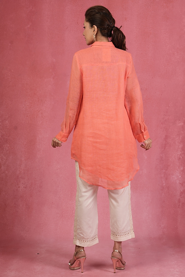Peach Linen Zari Embroidered Shirt by Sandhya Shah at Pernia's Pop Up Shop