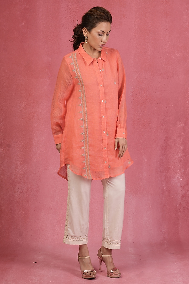 Peach Linen Zari Embroidered Shirt by Sandhya Shah at Pernia's Pop Up Shop