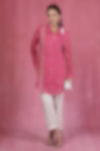 Hot Pink Linen Zari Embroidered Shirt by Sandhya Shah at Pernia's Pop Up Shop
