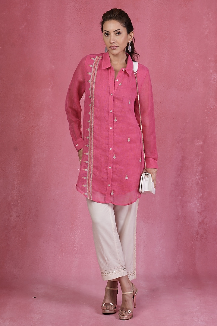 Hot Pink Linen Zari Embroidered Shirt by Sandhya Shah at Pernia's Pop Up Shop