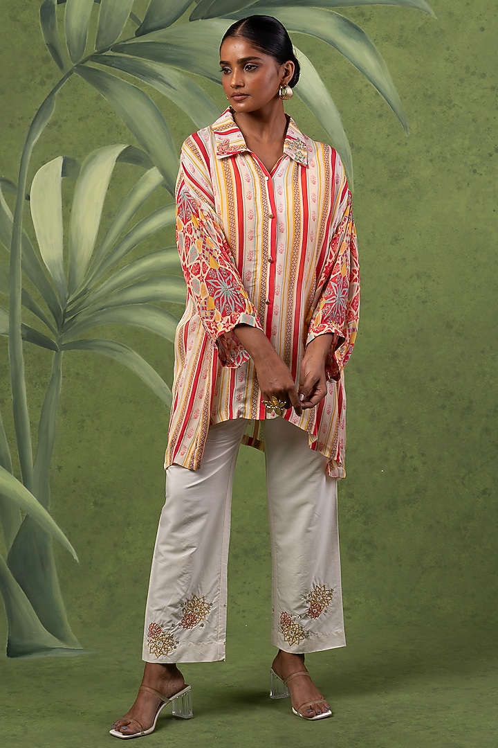 Multi-Colored Wrinkle Chiffon Printed & Embroidered Co-Ord Set by Sandhya Shah at Pernia's Pop Up Shop