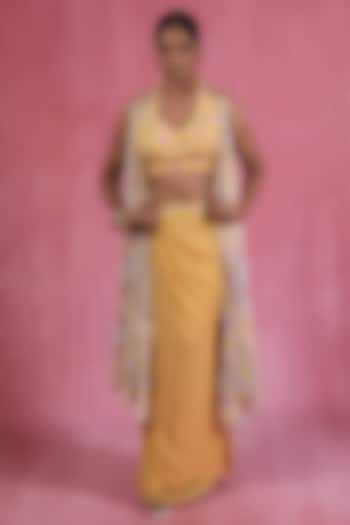 Mustard Georgette Draped Skirt Set by Sandhya Shah at Pernia's Pop Up Shop