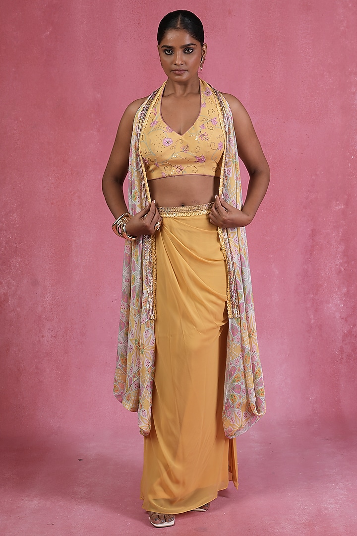 Mustard Georgette Draped Skirt Set by Sandhya Shah at Pernia's Pop Up Shop
