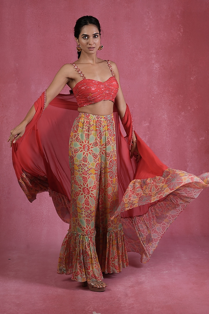 Multi-Colored Wrinkle Chiffon Printed Party Wear Sharara Set by Sandhya Shah at Pernia's Pop Up Shop