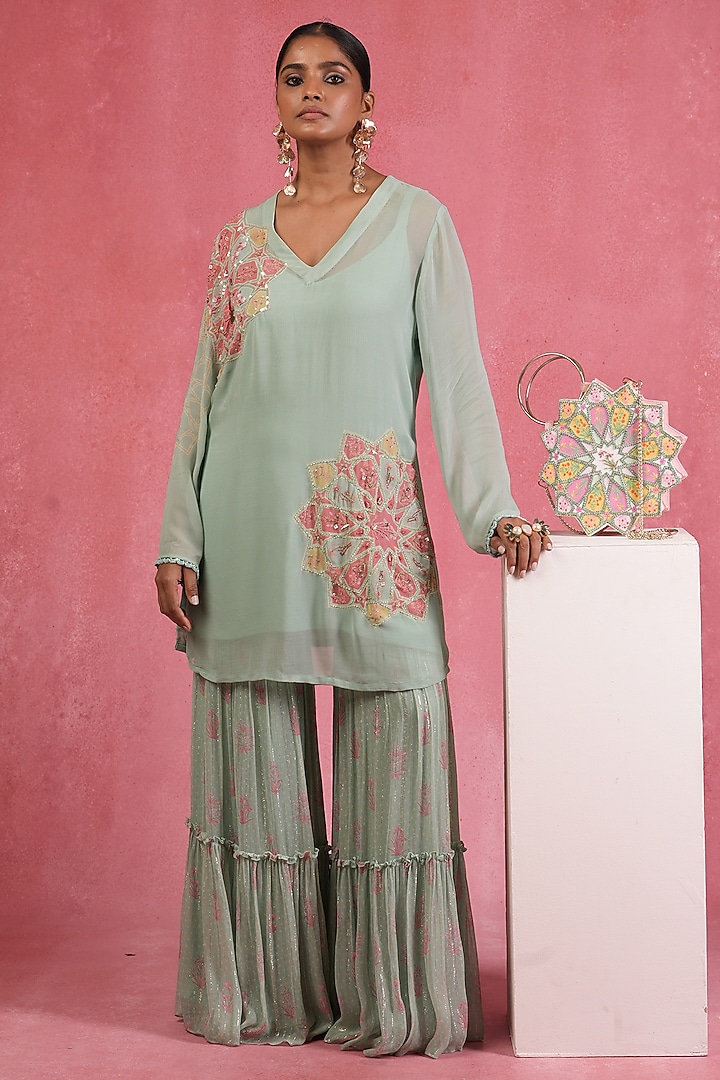 Multi-Colored Georgette Shimmery Sharara Set by Sandhya Shah at Pernia's Pop Up Shop