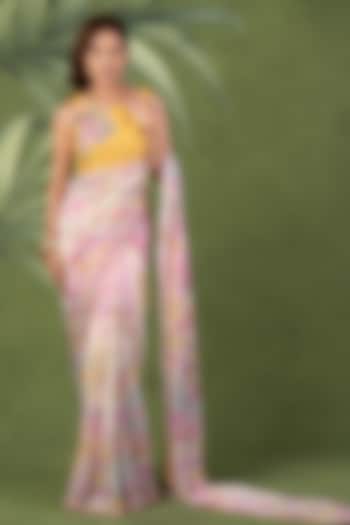 Multi-Colored Wrinkle Chiffon Printed Pre-Draped Party Wear Saree Set by Sandhya Shah at Pernia's Pop Up Shop