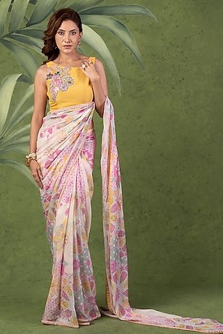 Multi-Colored Wrinkle Chiffon Printed Pre-Draped Saree Set by Sandhya Shah