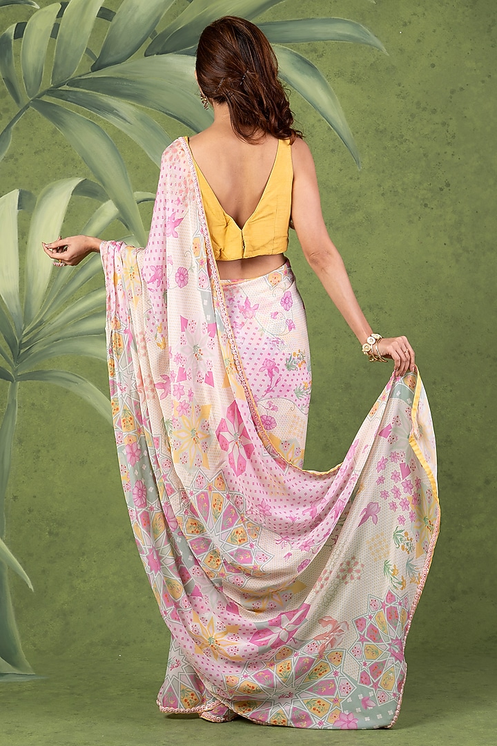 Multi-Colored Wrinkle Chiffon Printed Pre-Draped Party Wear Saree Set by Sandhya Shah at Pernia's Pop Up Shop