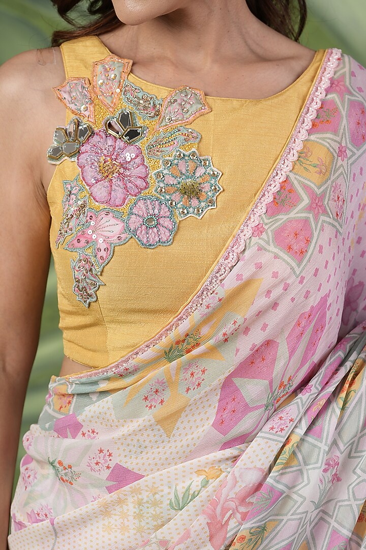 Multi-Colored Wrinkle Chiffon Printed Pre-Draped Party Wear Saree Set by Sandhya Shah at Pernia's Pop Up Shop