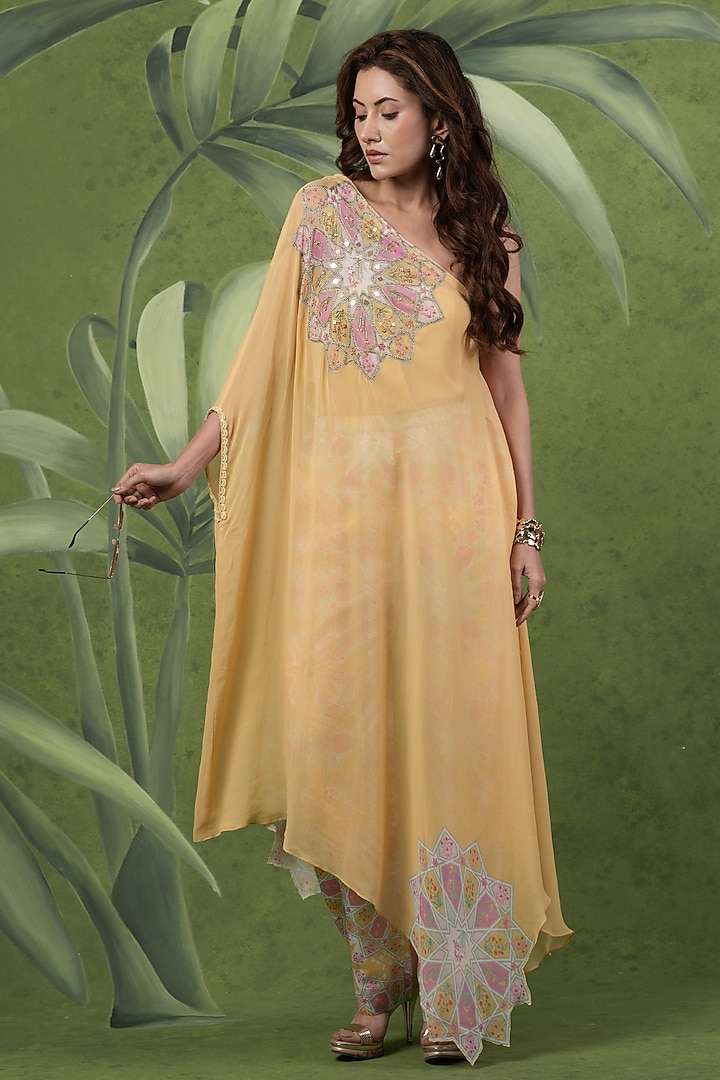 Multi-Colored Dupion Silk Printed & Embroidered Kaftan Set by Sandhya Shah at Pernia's Pop Up Shop