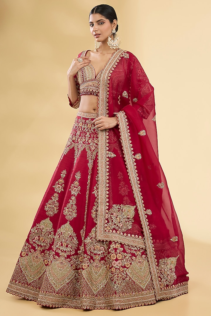 Red Silk Zardosi & Resham Embroidered Bridal Lehenga Set by Pallavi Poddar (India) at Pernia's Pop Up Shop